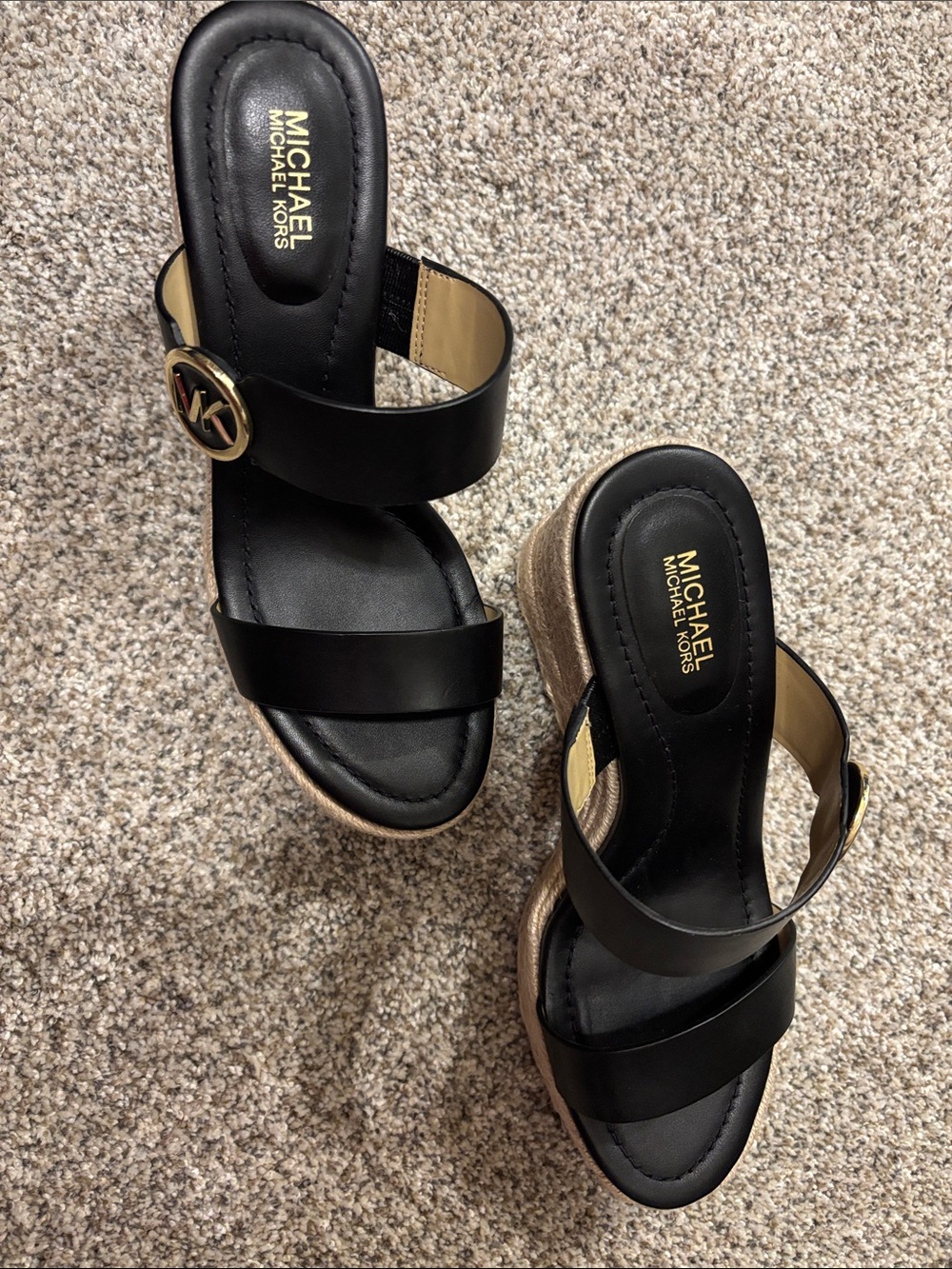 MICHAEL Michael Kors Black Leather Espadrille Wedges with Gold MK Accent - Picture 4 of 7